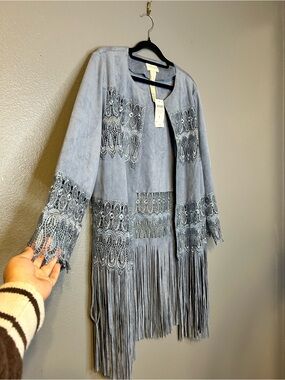 Chico's Lace-Panel Fringe Open Suede Western Country Jacket - Light Blue medium
